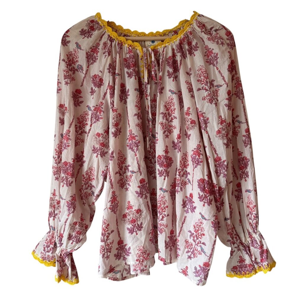 Kult Top Sz XL Peasant Cottage Coastal Boho Embroidery Neckline Tie Lightweight